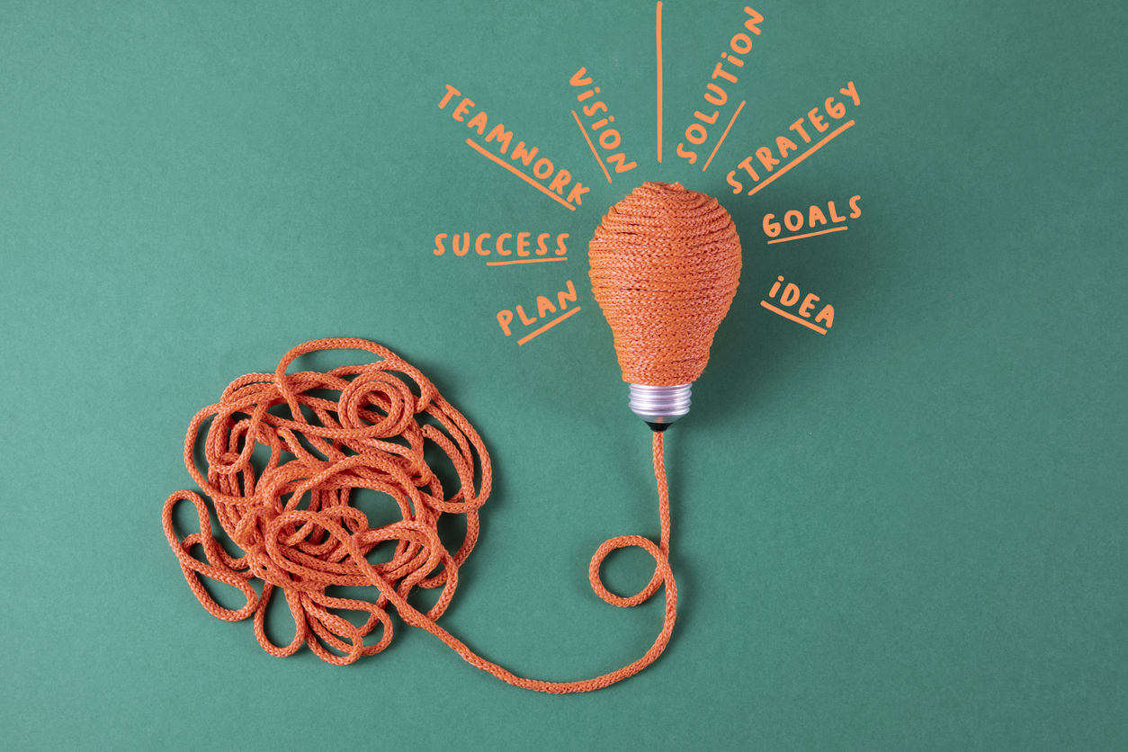 New idea concept with light bulb, ropes and business related words